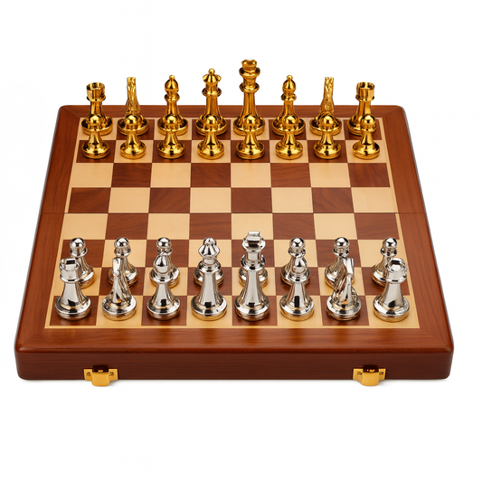 Jeu d’échecs avec plateau en bois et pièces en zinc doré et argenté