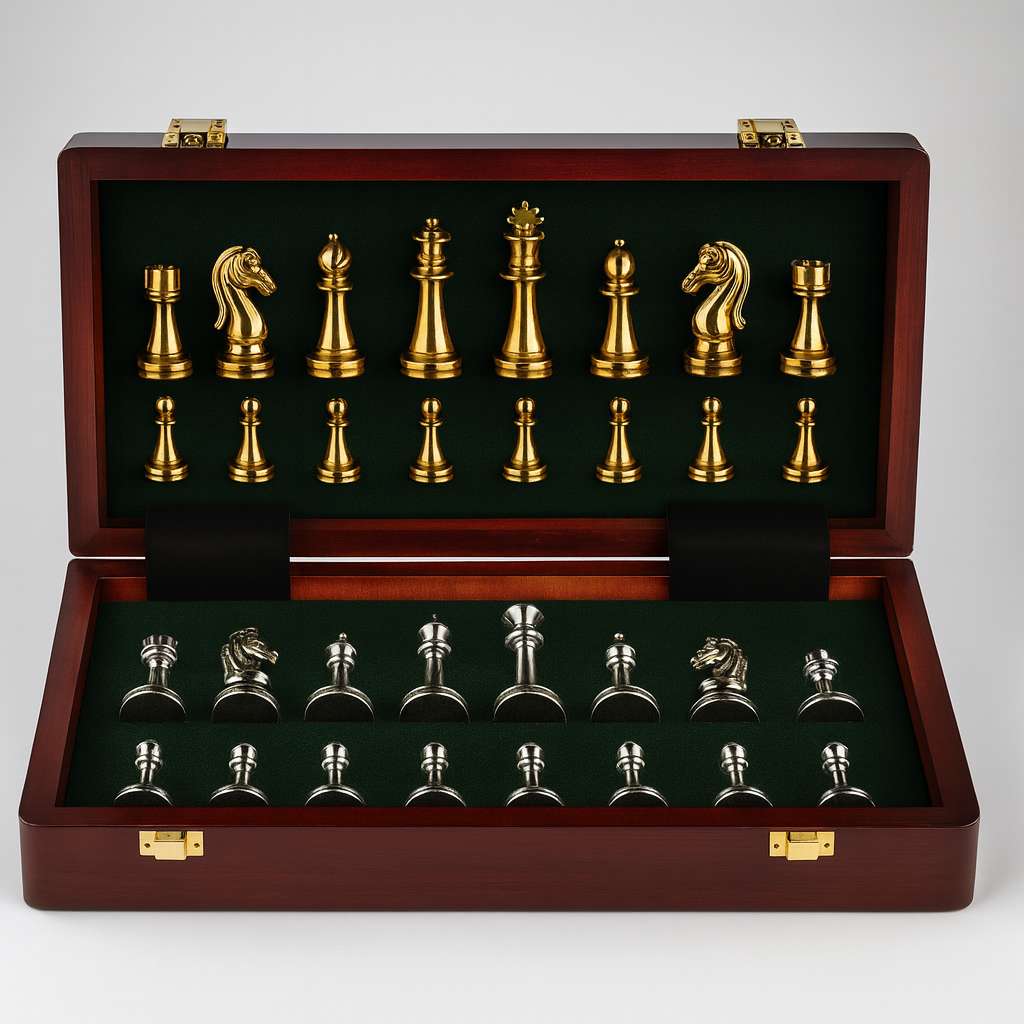 Jeu d’échecs avec plateau en bois et pièces en zinc doré et argenté