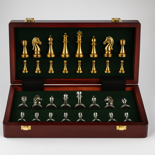 Jeu d’échecs avec plateau en bois et pièces en zinc doré et argenté